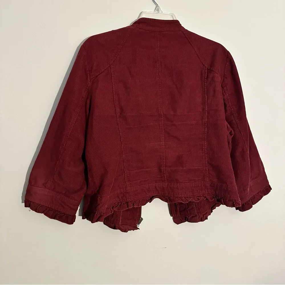 Sandro Corduroy Burgundy Zip Front Jacket Ruffle Hem 3/4 Sleeve Women’s Size XL
